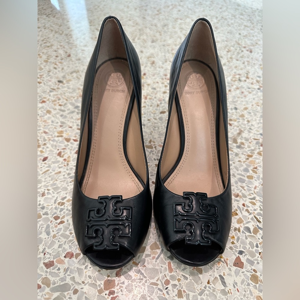Tory Burch Black peep toe wedges, size 7